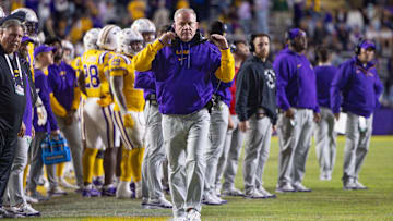Nov 23, 2024; Baton Rouge, Louisiana, USA;   LSU Tigers head coach Brian Kelly walks the sideline against the Vanderbilt Commodores during the second half at Tiger Stadium. Mandatory Credit: Stephen Lew-Imagn Images