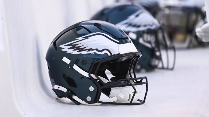 Aug 15, 2024; Foxborough, MA, USA; Philadelphia Eagles helmets sit on the bench during the first half against the New England Patriots at Gillette Stadium. Mandatory Credit: Eric Canha-USA TODAY Sports