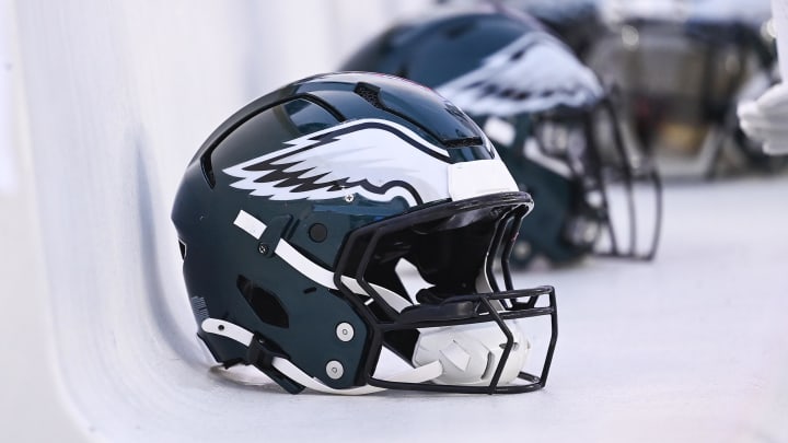 Aug 15, 2024; Foxborough, MA, USA; Philadelphia Eagles helmets sit on the bench during the first half against the New England Patriots at Gillette Stadium. Mandatory Credit: Eric Canha-USA TODAY Sports