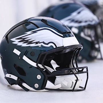 Aug 15, 2024; Foxborough, MA, USA; Philadelphia Eagles helmets sit on the bench during the first half against the New England Patriots at Gillette Stadium. Mandatory Credit: Eric Canha-Imagn Images