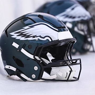 Aug 15, 2024; Foxborough, MA, USA; Philadelphia Eagles helmets sit on the bench during the first half against the New England Patriots at Gillette Stadium. Mandatory Credit: Eric Canha-Imagn Images