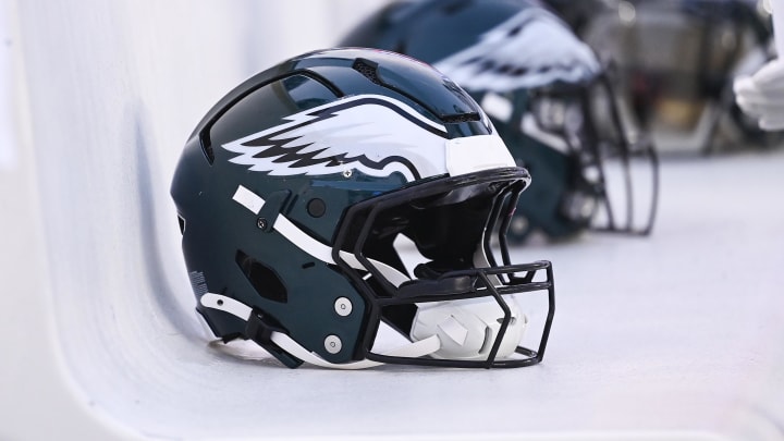 Aug 15, 2024; Foxborough, MA, USA; Philadelphia Eagles helmets sit on the bench during the first half against the New England Patriots at Gillette Stadium. Mandatory Credit: Eric Canha-USA TODAY Sports