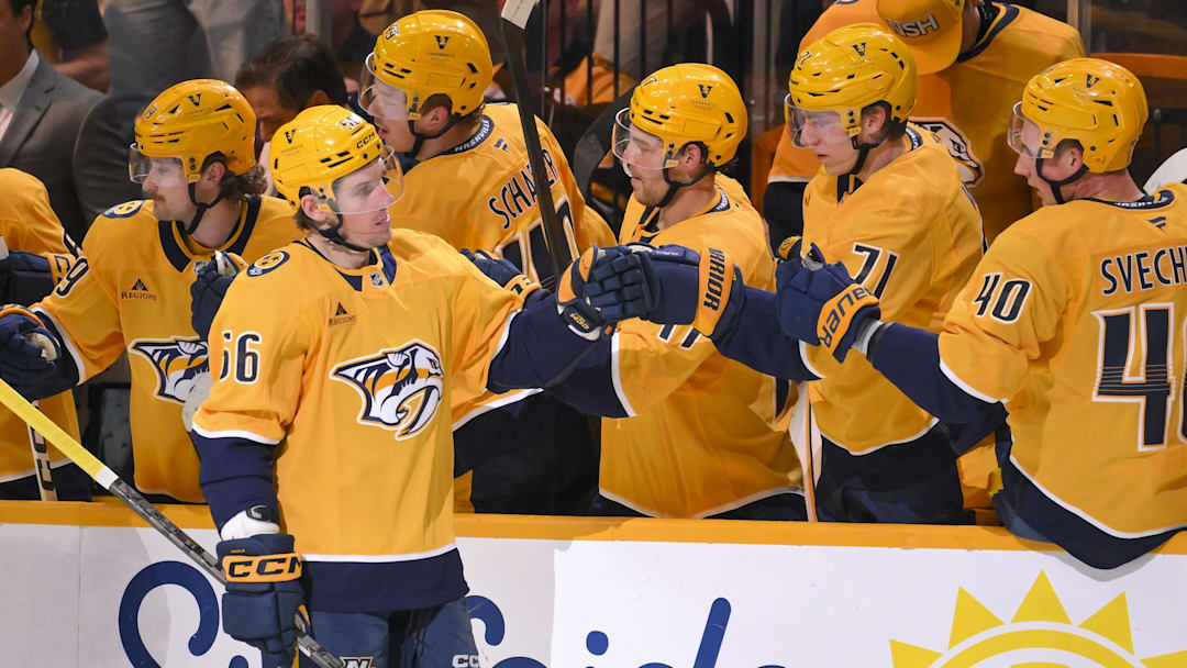 Mar 5, 2026; Nashville, Tennessee, USA;  Nashville Predators left wing Erik Haula (56) celebrates with his teammates after scoring a goal against the Boston Bruins during the second period at Bridgestone Arena. Mandatory Credit: Steve Roberts-Imagn Images