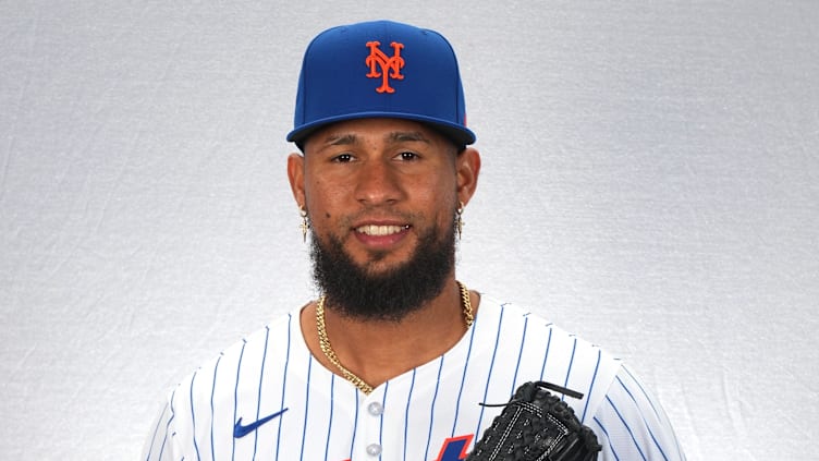 Feb 22, 2024; Port St. Lucie, FL, USA;  New York Mets pitcher Yohan Ramirez (46)poses for a photo