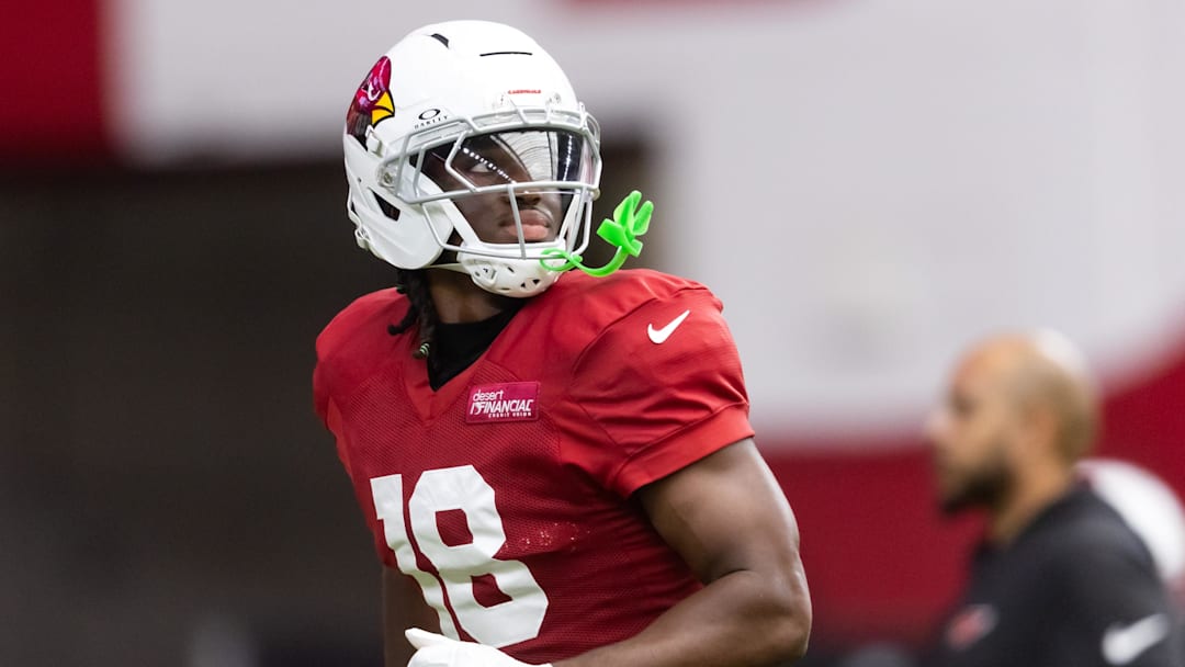 Jul 29, 2025; Glendale, AZ, USA; Arizona Cardinals wide receiver Marvin Harrison Jr. (18) during training camp at State Farm Stadium. Mandatory Credit: Mark J. Rebilas-Imagn Images