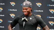 May 10, 2025; Jacksonville, FL, USA; Jacksonville Jaguars wide receiver Travis Hunter (12) meets with the media following rookie minicamp at Miller Electric Center. Mandatory Credit: Travis Register-Imagn Images