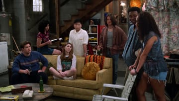 That '90s Show. (L to R) Max Donovan as Nate, Sam Morelos as Nikki, Callie Haverda as Leia, Reyn Doi as Ozzie, Mace Coronel as Jay, Niles Fitch as Cole, Ashley Aufderheide as Gwen in episode 204 of That '90s Show. Cr. Courtesy of Netflix © 2024