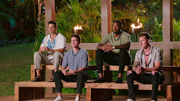 Temptation Island. (L to R) Lino Troisi, Tyler Breshears, Brion Whitley, Grant Larson in episode 102 of Temptation Island. Cr. Courtesy of Netflix © 2025