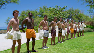 (L to R) Danny Spongberg, Hashim Moore, Giovanni Troini, Cody Wright, Quentin Lawrence, Dan Hunter, Case Bruton, Erik Thornally, Chris Kotseldis, Max Collier, Yamen Sanders, Logan Paulsen in episode 101 of Temptation Island