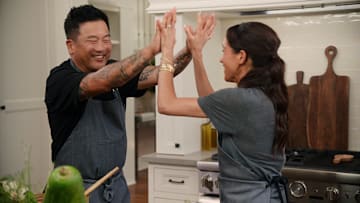 With Love, Meghan. (L to R) Roy Choi, Meghan, Duchess of Sussex in episode 103 of With Love, Meghan. Cr. Courtesy of Netflix © 2024
