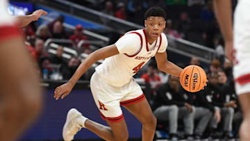 Mar 12, 2025; Indianapolis, IN, USA; Rutgers Scarlet Knights guard Ace Bailey (4) goes to the basket during the first half against the USC Trojans at Gainbridge Fieldhouse. Mandatory Credit: Robert Goddin-Imagn Images