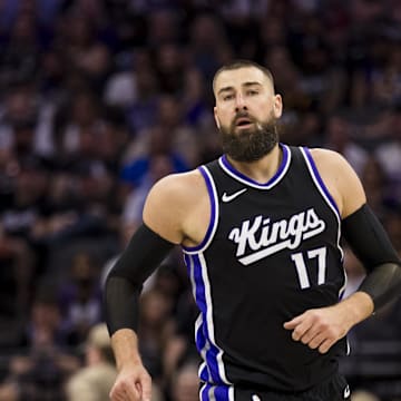Apr 13, 2025; Sacramento, California, USA;  Sacramento Kings center Jonas Valanciunas (17) runs down the court during the fourth quarter against the Phoenix Suns at Golden 1 Center. Mandatory Credit: John Hefti-Imagn Images