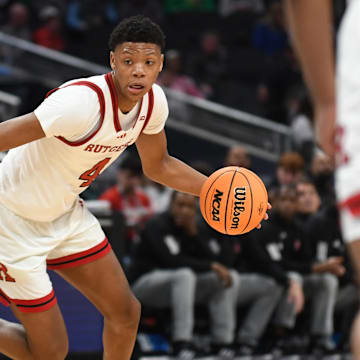 Mar 12, 2025; Indianapolis, IN, USA; Rutgers Scarlet Knights guard Ace Bailey (4) goes to the basket during the first half against the USC Trojans at Gainbridge Fieldhouse. Mandatory Credit: Robert Goddin-Imagn Images