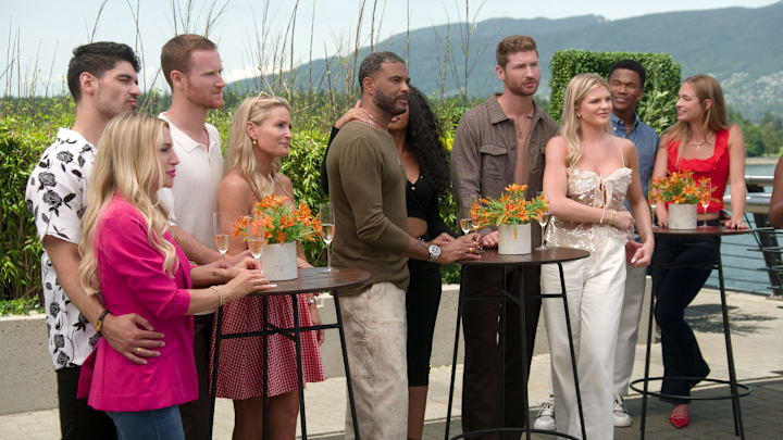 Age of Attraction. (L to R) Logan Goodrid, Vanessa Drozda, John Merrill, Theresa Demaria, Jorge Sanchez, Vanelle Fenmou, Andrew Wheeler, Libby Vodicka, Derrick Fleming, Pfeifer Hill in episode 104 of Age of Attraction. Cr. Courtesy of Netflix © 2026