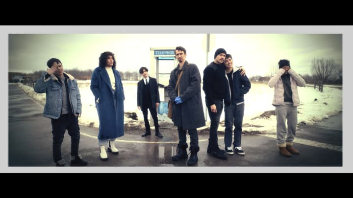 The Umbrella Academy. (L to R) Elliot Page as Viktor Hargreeves, Emmy Raver-Lampman as Allison Hargreeves, Aidan Gallagher as Number Five, Robert Sheehan as Klaus Hargreeves, David Castañeda as Diego Hargreeves, Justin H. Min as Ben Hargreeves, Ritu Arya as Lila Pitts in episode 406 of The Umbrella Academy. Cr. Courtesy of Netflix © 2024