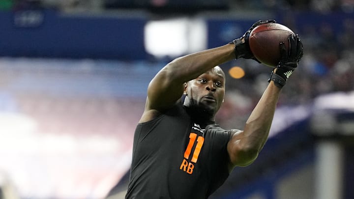 Feb 28, 2026; Indianapolis, IN, USA; Notre Dame running back Jeremiyah Love (RB11) during the NFL Scouting Combine at Lucas Oil Stadium. Mandatory Credit: Kirby Lee-Imagn Images