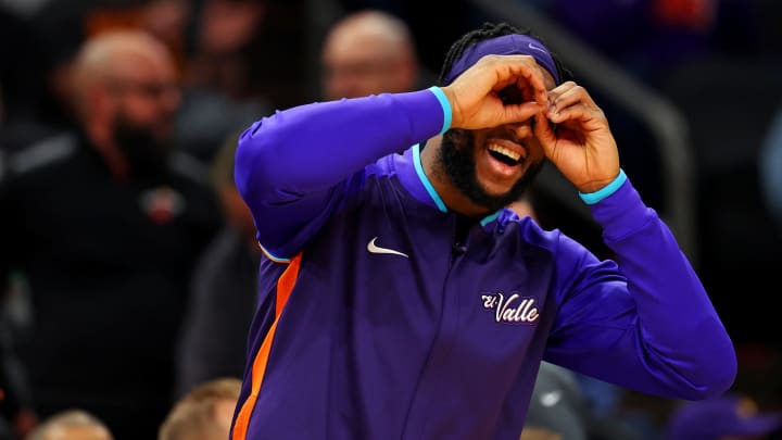 Jan 5, 2024; Phoenix, Arizona, USA; Phoenix Suns forward Josh Okogie (2) reacts from the bench during the third quarter of the game against the Miami Heat at Footprint Center. Mandatory Credit: Mark J. Rebilas-USA TODAY Sports