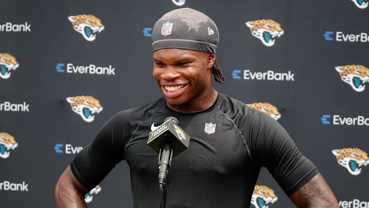 May 10, 2025; Jacksonville, FL, USA; Jacksonville Jaguars wide receiver Travis Hunter (12) meets with the media following rookie minicamp at Miller Electric Center. Mandatory Credit: Travis Register-Imagn Images