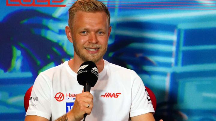 May 6, 2022; Miami Gardens, Florida, USA; Haas driver Kevin Magnussen of Denmark talks with the media during a press conference before their practice session for the Miami Grand Prix at Miami International Autodrome. Mandatory Credit: John David Mercer-USA TODAY Sports