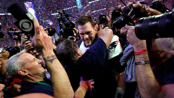 2019: Tom Brady celebrates with coach Bill Belichick after winning 13-3 over the Los Angeles Rams in Super Bowl LIII at the Mercedes-Benz Stadium in Atlanta.