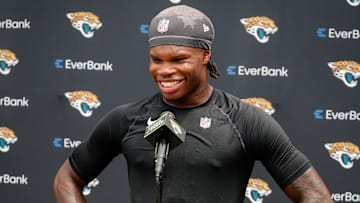 May 10, 2025; Jacksonville, FL, USA; Jacksonville Jaguars wide receiver Travis Hunter (12) meets with the media following rookie minicamp at Miller Electric Center. Mandatory Credit: Travis Register-Imagn Images