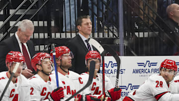 Nov 13, 2024; Salt Lake City, Utah, USA; Carolina Hurricanes head coach Rod Brind'Amour watches the play against the Utah Hockey Club during the third period at Delta Center. Mandatory Credit: Rob Gray-Imagn Images
