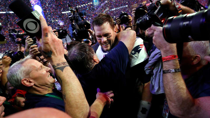 2019: Tom Brady celebrates with coach Bill Belichick after winning 13-3 over the Los Angeles Rams in Super Bowl LIII at the Mercedes-Benz Stadium in Atlanta.