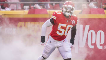 Jan 30, 2022; Kansas City, Missouri, USA; Kansas City Chiefs middle linebacker Willie Gay Jr. (50) takes the field against the Cincinnati Bengals before the AFC Championship game at GEHA Field at Arrowhead Stadium. Mandatory Credit: Denny Medley-USA TODAY Sports