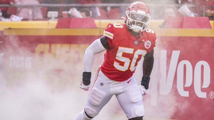 Jan 30, 2022; Kansas City, Missouri, USA; Kansas City Chiefs middle linebacker Willie Gay Jr. (50) takes the field against the Cincinnati Bengals before the AFC Championship game at GEHA Field at Arrowhead Stadium. Mandatory Credit: Denny Medley-USA TODAY Sports