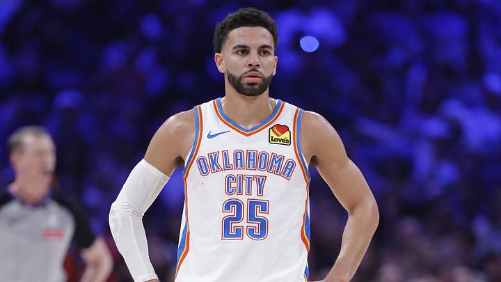 Mar 29, 2026; Oklahoma City, Oklahoma, USA; Oklahoma City Thunder guard Ajay Mitchell (25) stands during the first half against the New York Knicks at Paycom Center. Mandatory Credit: Alonzo Adams-Imagn Images