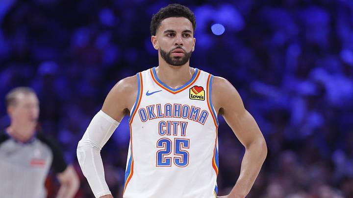 Mar 29, 2026; Oklahoma City, Oklahoma, USA; Oklahoma City Thunder guard Ajay Mitchell (25) stands during the first half against the New York Knicks at Paycom Center. Mandatory Credit: Alonzo Adams-Imagn Images