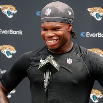 May 10, 2025; Jacksonville, FL, USA; Jacksonville Jaguars wide receiver Travis Hunter (12) meets with the media following rookie minicamp at Miller Electric Center. Mandatory Credit: Travis Register-Imagn Images