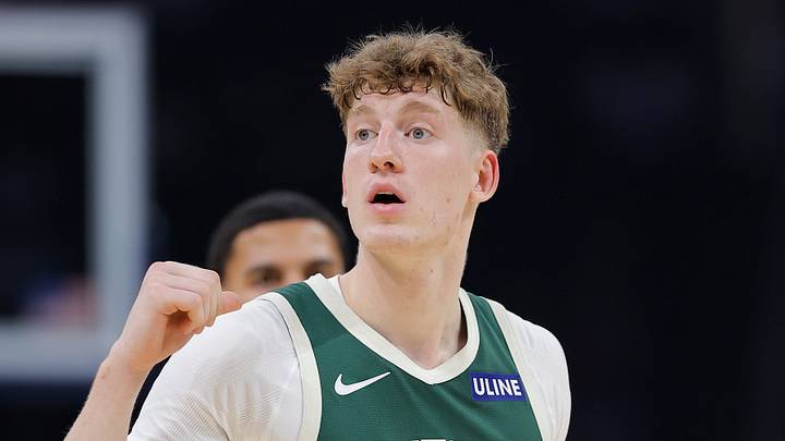 Milwaukee Bucks guard Kasparas Jakucionis (25) gestures towards his team bench before a play against the Oklahoma City Thunder during the first half of a preseason game at Paycom Center on October 7, 2026.