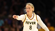 Aug 7, 2025; Phoenix, Arizona, USA; Indiana Fever guard Sophie Cunningham (8) reacts against the Phoenix Mercury during an WNBA game at PHX Arena. Mandatory Credit: Mark J. Rebilas-Imagn Images