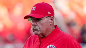 Aug 22, 2025; Kansas City, Missouri, USA; Kansas City Chiefs head coach Andy Reid on field against the Chicago Bears during the first half of the game at GEHA Field at Arrowhead Stadium. Mandatory Credit: Denny Medley-Imagn Images