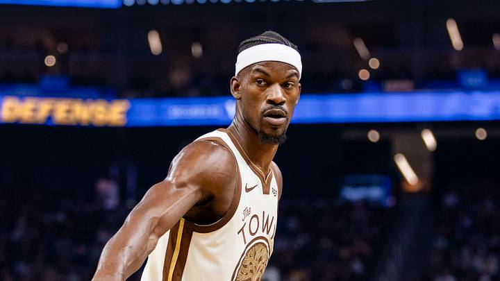 Nov 29, 2025; San Francisco, California, USA; Golden State Warriors forward Jimmy Butler III (10) reacts during the first quarter against the Golden State Warriors at Chase Center. Mandatory Credit: John Hefti-Imagn Images
