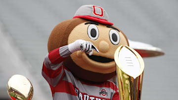 Jan 24, 2015; Columbus, OH, USA; Ohio State Buckeyes mascot Brutus with college football playoff trophy at Ohio Stadium for the national championship celebration. Mandatory Credit: Joe Maiorana-Imagn Images