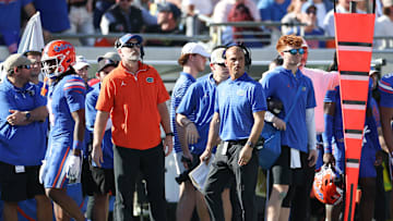 Nov 1, 2025; Jacksonville, Florida, USA; Florida Gators interim head coach Billy Gonzales looks on during the first quarter against the Georgia Bulldogs at EverBank Stadium. Mandatory Credit: Matt Pendleton-Imagn Images