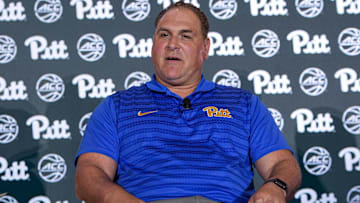 Oct 9, 2024; Charlotte, NC, USA;  Pittsburgh head coach Tory Verdi during ACC Media Days at The Hilton Charlotte Uptown. Mandatory Credit: Jim Dedmon-Imagn Images