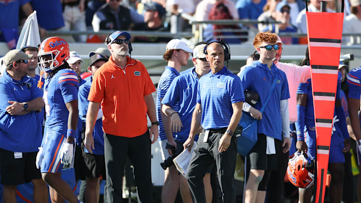 Nov 1, 2025; Jacksonville, Florida, USA; Florida Gators interim head coach Billy Gonzales looks on during the first quarter against the Georgia Bulldogs at EverBank Stadium. Mandatory Credit: Matt Pendleton-Imagn Images