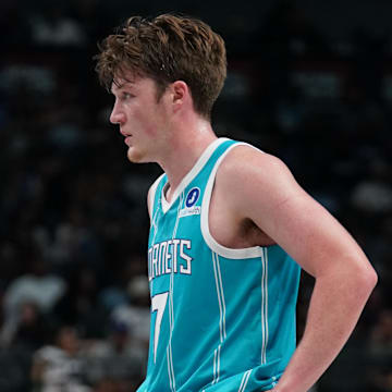 Oct 11, 2025; Dallas, Texas, USA; Charlotte Hornets guard/forward Kon Knueppel (7) stands on the court in the second half of a game against the Dallas Mavericks at American Airlines Center. Mandatory Credit: Raymond Carlin III-Imagn Images