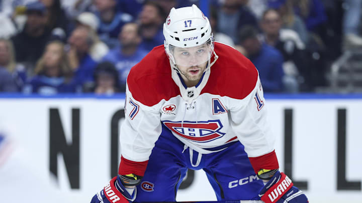 Apr 21, 2026; Tampa, Florida, USA; Montreal Canadiens right wing Josh Anderson (17) looks on against the Tampa Bay Lightning in the third period during game two of the first round of the 2026 Stanley Cup Playoffs at Benchmark International Arena. Mandatory Credit: Nathan Ray Seebeck-Imagn Images