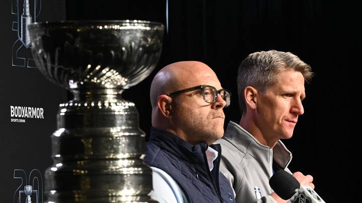 Jun 3, 2025; Edmonton, Alberta, CAN; Edmonton Oilers general manager Stan Bowman along with Oilers head coach Kris Knoblauch are seen during media day in advance of the 2025 Stanley Cup Final at Rogers Place. Mandatory Credit: Walter Tychnowicz-Imagn Images