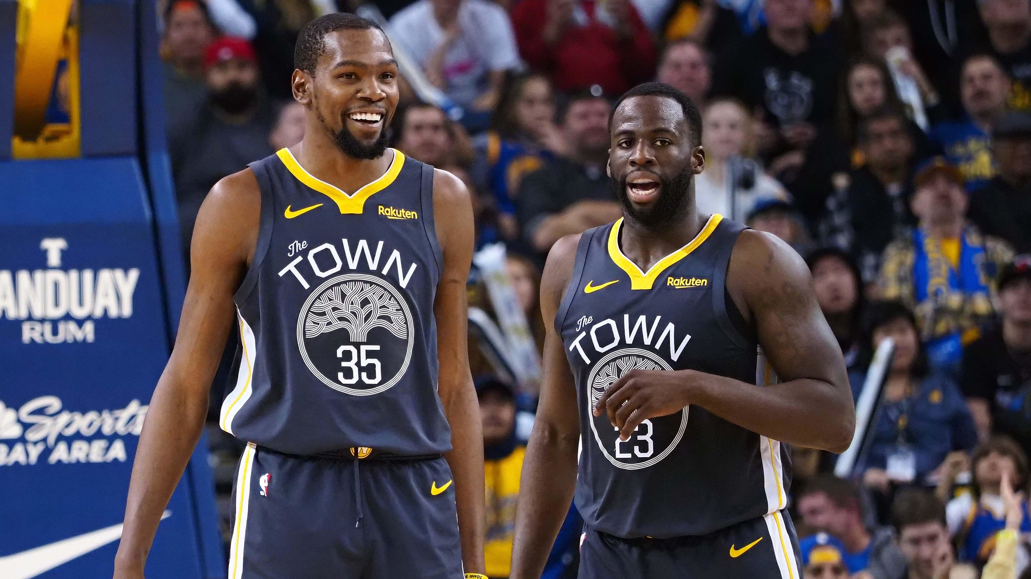 Feb 10, 2019; Oakland, CA, USA; Golden State Warriors forward Kevin Durant (35) smiles with forward