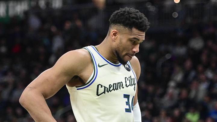 Jan 13, 2026; Milwaukee, Wisconsin, USA; Milwaukee Bucks forward Giannis Antetokounmpo (34) reacts in the second quarter against the Minnesota Timberwolves at Fiserv Forum. Mandatory Credit: Benny Sieu-Imagn Images