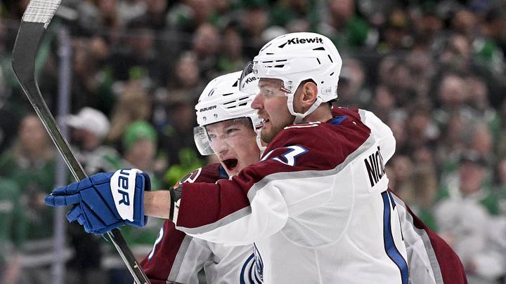 Mar 6, 2026; Dallas, Texas, USA; Colorado Avalanche defenseman Cale Makar (8) and right wing Valeri Nichushkin (13) celebrate the game tying goal scored by Nichushkin against the Dallas Stars during the third period at the American Airlines Center. Mandatory Credit: Jerome Miron-Imagn Images
