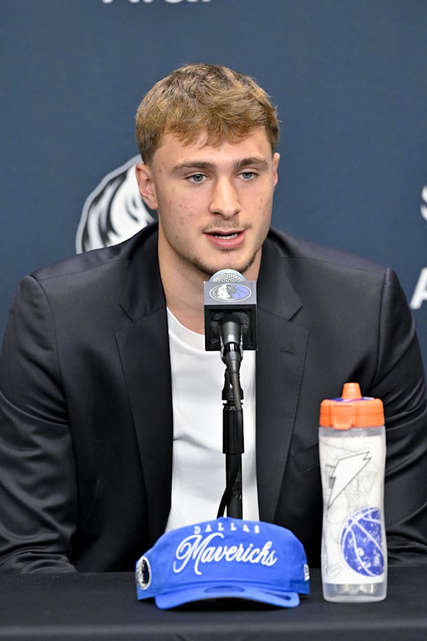 Dallas Mavericks first overall pick Cooper Flagg speaks to the media during a press conference