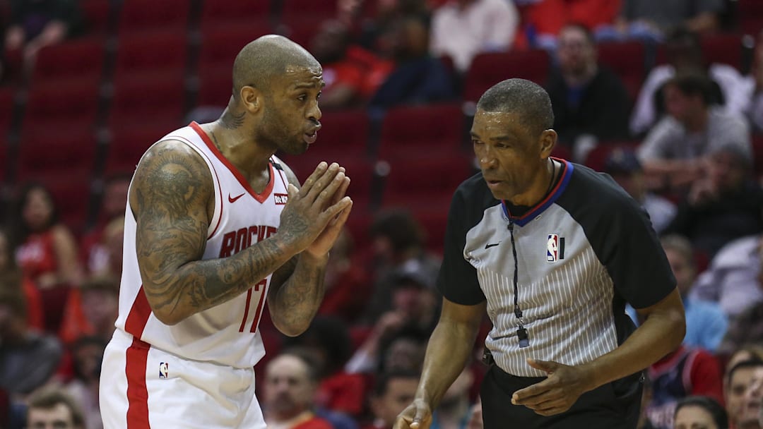 Jan 15, 2020; Houston, Texas, USA; Houston Rockets forward PJ Tucker (17) talks with an official during the fourth quarter against the Portland Trail Blazers at Toyota Center. Mandatory Credit: Troy Taormina-Imagn Images