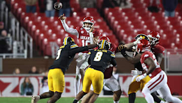 Nov 29, 2025; Fayetteville, Arkansas, USA; Arkansas Razorbacks quarterback Taylen Green (10) passes during the fourth quarter against the Missouri Tigers at Donald W. Reynolds Razorback Stadium. Missouri won 31-17. Mandatory Credit: Nelson Chenault-Imagn Images