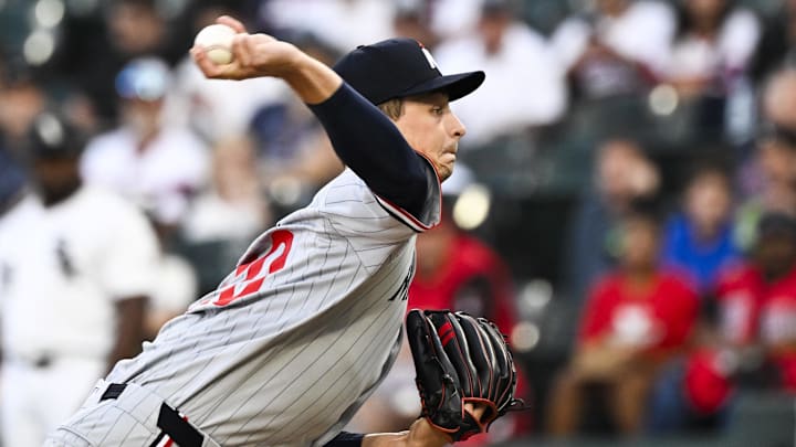 Aug 23, 2025; Chicago, Illinois, USA;  Minnesota Twins pitcher Mick Abel (20) delivers against the Chicago White Sox during the first inning at Rate Field. Mandatory Credit: Matt Marton-Imagn Images